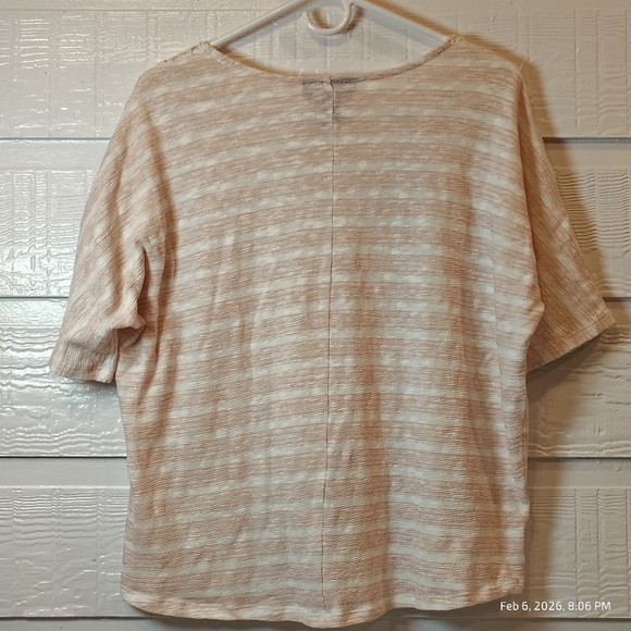 Style & Co Womens Petite XL Lace Knit Top Short Sleeve Pink Striped Boxy Comfy - Picture 5 of 5